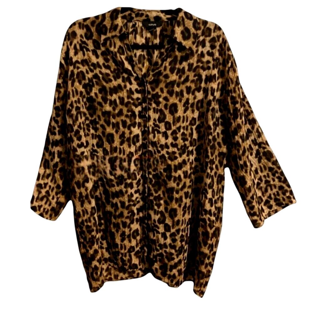 ALFANI Tunic‎ Top Women's Leopard Print 3/4 Sleeve Lightweight Button Up-Size 12